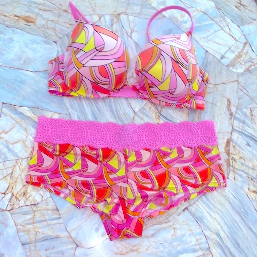 2 Pc Set Pink Multi-color 36C VERY SEXY Push-Up Bra+ Panty Large